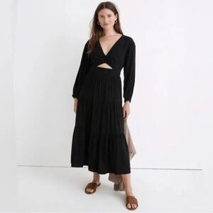 Madewell Lusterweave Cutout Midi Boho Long Sleeve Black Tiered Dress Size 8 NWT